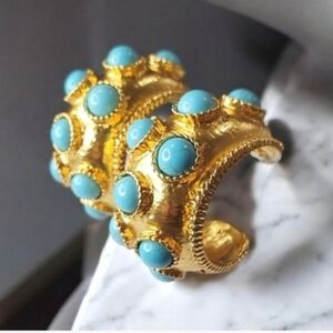 Chunky Oversized Matte Gold Byzantine Turquoise Cabochon Hoop Earrings